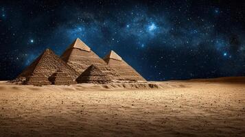Majestic pyramids under starry night sky, showcasing ancient architecture photo
