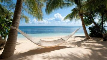 serene beach scene featuring hammock between palm trees, inviting relaxation photo