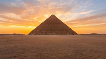 Majestic pyramid silhouette against vibrant orange and pink sunset sky photo
