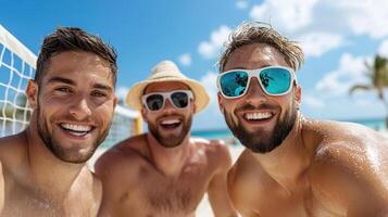 Sun kissed friends enjoying beach day, smiling and having fun together photo