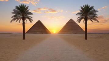 Majestic pyramids at sunset with palm trees in foreground photo