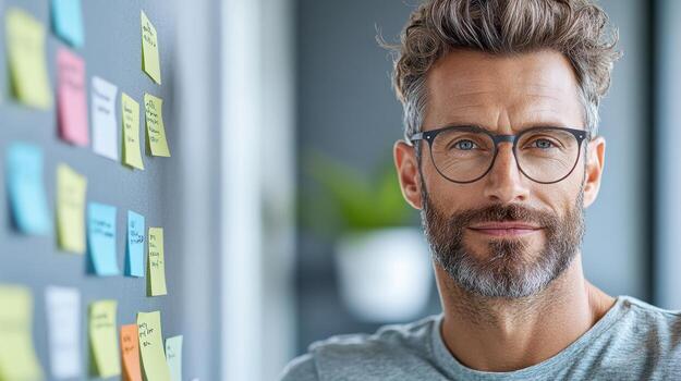 Creative man with glasses smiling near colorful sticky notes photo