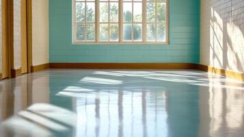 Bright empty hallway with soft light and reflections on floor photo