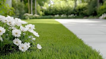 Lush garden with blooming white flowers and manicured green grass photo
