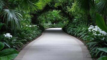 Lush garden pathway surrounded by vibrant greenery and blooming flowers photo