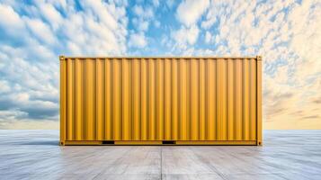 bright yellow shipping container against cloudy sky backdrop photo