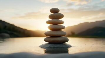 serene sunset silhouette of stacked stones reflecting in water photo