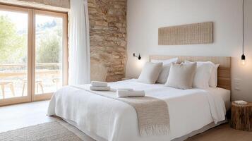 cozy bedroom with soft color palette, natural light, and minimal decor photo