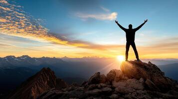 silhouette of person standing on mountain peak, arms raised in triumph, against stunning sunset photo