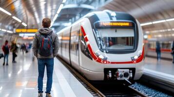 traveler waits at modern subway station for their train to arrive photo