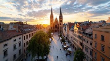 stunning aerial view of Krakow Old Town sunset, showcasing historic architecture and vibrant photo