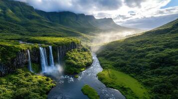 stunning waterfall cascading down lush green valley, surrounded by mountains and mist photo