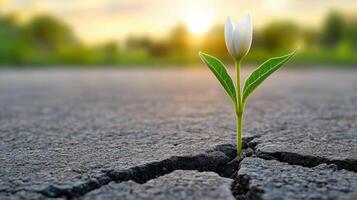 tiny wildflower growing through crack in pavement symbolizes resilience and hope photo