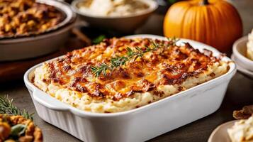 Delicious Thanksgiving casserole topped with cheese and herbs photo