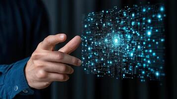 person interacting with digital interface displaying glowing data patterns photo