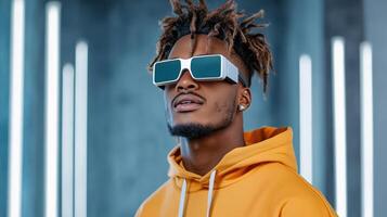 A man wearing sunglasses and a hoodie photo