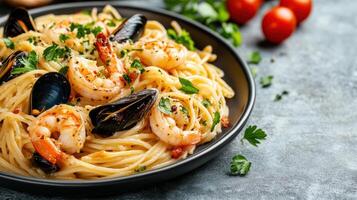 Shrimp and mussels pasta with tomatoes and parsley photo
