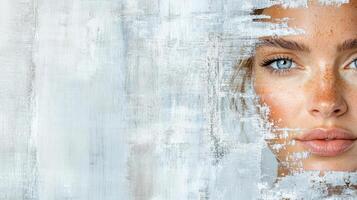 A woman's face is painted with white paint photo