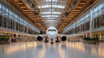 An airplane sitting inside of a large factory photo
