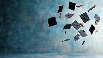Graduation caps flying in the air photo