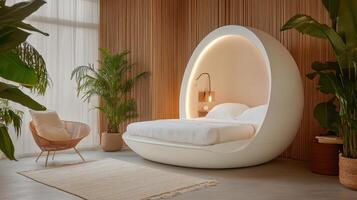 A bed with a circular light in the middle of it photo