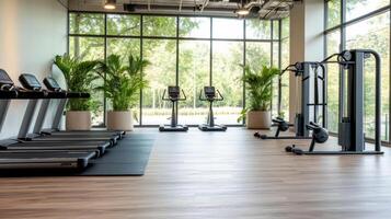 A gym room with tread machines and a large window photo