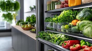 A refrigerator with fresh vegetables and fruits inside photo
