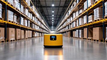 A yellow robot is sitting in a warehouse photo