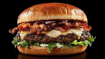 A close up of a burger with bacon and cheese photo