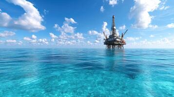 Oil rig in the ocean with blue sky and clouds photo
