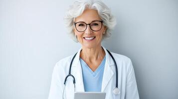 A smiling older woman doctor holding a tablet computer photo