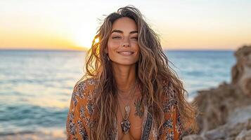 A woman with long hair and a necklace is smiling at the camera photo