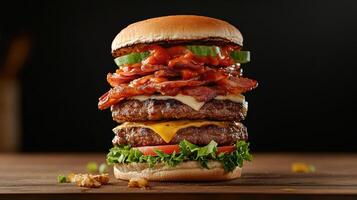 A large hamburger with bacon, cheese and lettuce photo