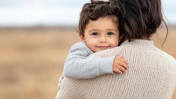 A woman holding a child in a field photo