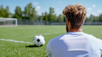 A man sitting on the grass with a soccer ball photo