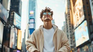 Young man in sunglasses standing in the middle of a city street photo