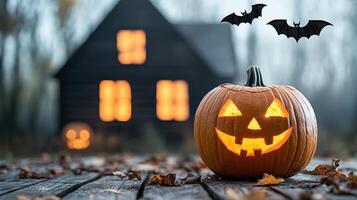 Halloween pumpkin with bat and house in background photo