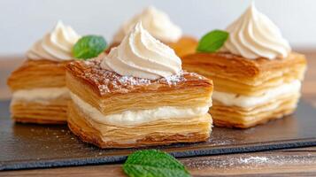 Three pastry pieces with cream and mint on top photo