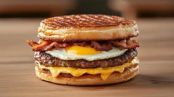 A bacon, egg and cheese sandwich on a wooden table photo
