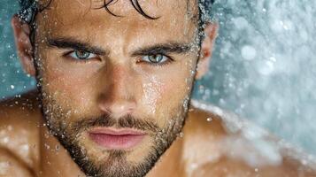 A man with blue eyes and a beard under a shower photo