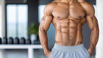 A man with a muscular body standing in front of a gym photo