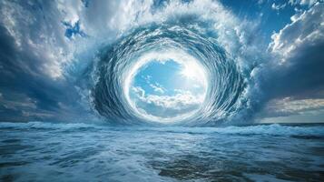 A large ocean wave with a hole in it photo