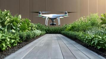 A drone flying over a garden with plants photo