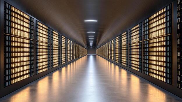 A long hallway with rows of computer servers photo