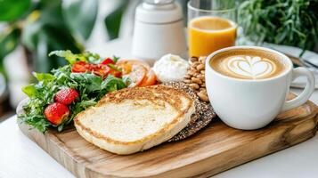 Breakfast with coffee and toast on a wooden tray photo