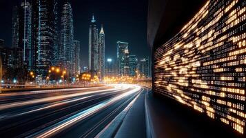 A cityscape with a digital display of numbers photo