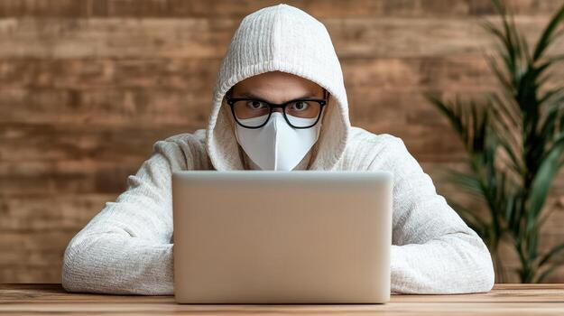 A man wearing a mask and glasses sits at a table with a laptop photo