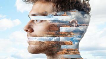 A man's face is made up of two images photo