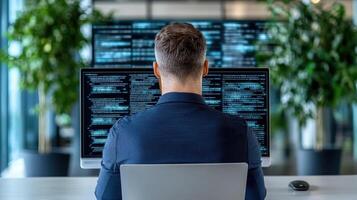 A man sitting at a desk with a computer screen photo