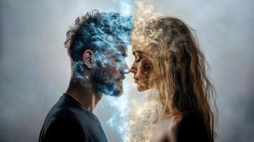 A man and woman are facing each other with smoke coming out of their faces photo